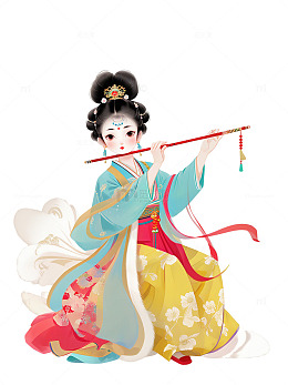 古代 中国风 可爱小侍女 吹笛子