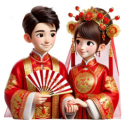 中式婚礼卡通3D人物素材