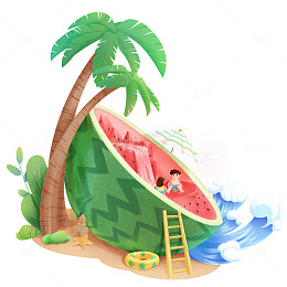 夏至小暑大暑处暑卡通儿童坐在西瓜上