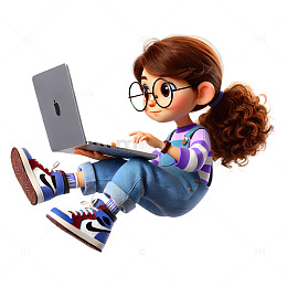 在电脑上学习的卡通3D人物素材
