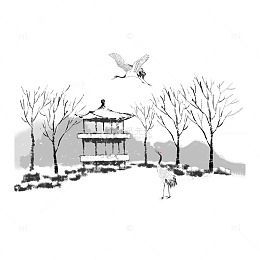 小雪立冬积雪雪地亭子树木丹顶鹤