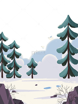 小雪立冬白云小鸟松树树木森林石头落雪