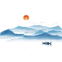 国风水墨画太阳候鸟群山丘陵小船