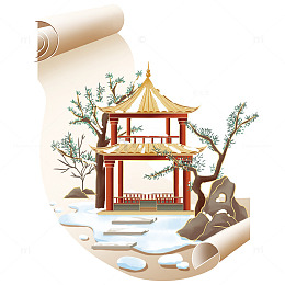 小雪画卷画轴凉亭亭子树木山石阶梯积雪