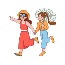 卡通简约手拉手一起逛街的女孩们