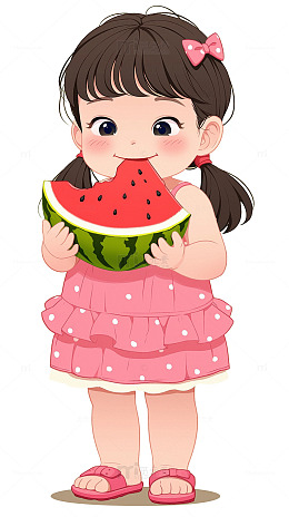 立夏夏至小暑大暑小女孩开心的吃西瓜