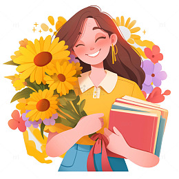 教师节抱着鲜花的卡通插画人物