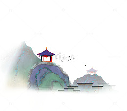 国风水墨画山峰山丘凉亭亭子大雁