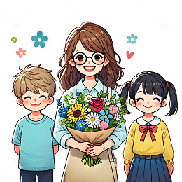 女教师抱着花束卡通人物素材