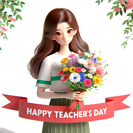 女教师抱着一束鲜花卡通3D素材