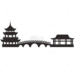 卡通宝塔楼阁凉亭亭子拱桥桥梁房屋建筑剪影