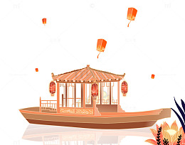 中元节画舫游船小船天灯孔明灯花朵花灯