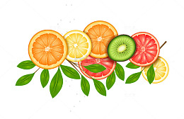 多彩切片水果与绿叶组合