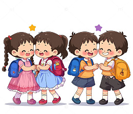开学季卡通形象背书包的小孩