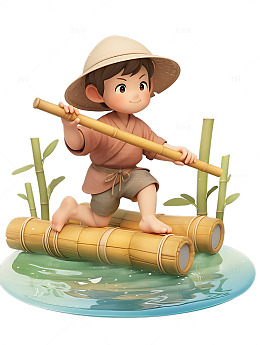 草帽竹筏小孩划船旅游旅行暑假度假