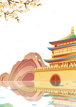 卡通花朵花枝宫殿城楼建筑物山石湖面