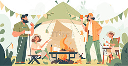 朋友聚会夏季野营音乐派对描边扁平手绘