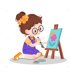 扁平风画画的涂鸦女孩绘画美术课