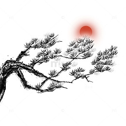 国风水墨画松树树木树枝松枝树叶太阳