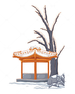大寒小寒凉亭亭子树木石头积雪