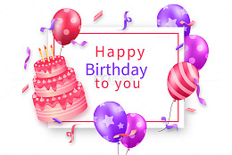 粉色气球与蛋糕装饰的贺卡