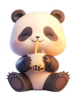 可爱的熊猫宝宝喝珍珠奶茶