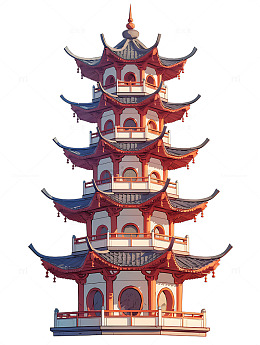 中式宝塔塔楼手绘
