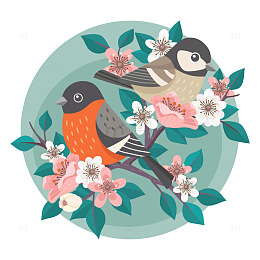 春鸟共赏樱枝和谐