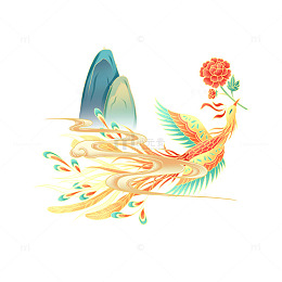 手绘卡通凤凰孔雀祥瑞神兽花卉山峰