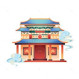手绘卡通卷云云朵宫殿城楼高楼房屋