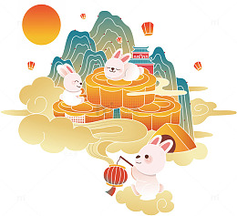 中秋节国风兔子月饼手绘插画小场景