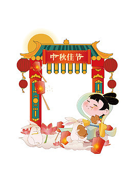 中秋创意手绘卡通中式门头美陈