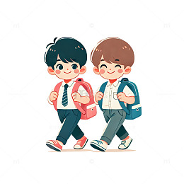 两个男孩背着书包去上学