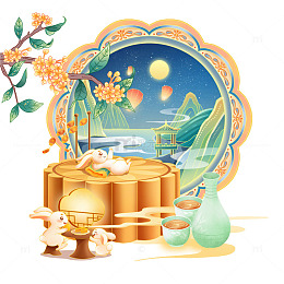 中秋兔子吃月饼赏月插画