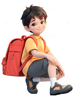 小男孩背着书包去上学