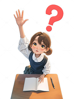 女学生在课桌上举手提问疑问
