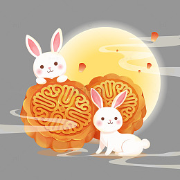 古风月饼和玉兔中秋节手绘素材
