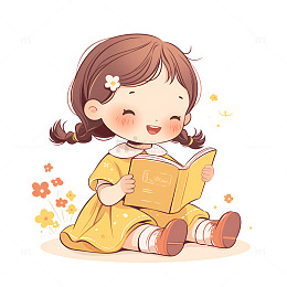 坐在地上看书的小女孩