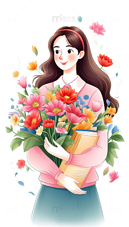 教师节老师抱着鲜花和书本