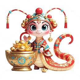 京剧扮相的生肖蛇聚宝盆3D卡通素材