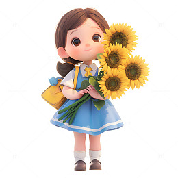抱着一束太阳花的小孩