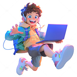拿着电脑听着歌的少年