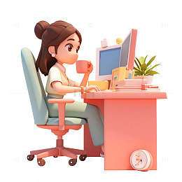 坐在办公桌前喝咖啡的女士
