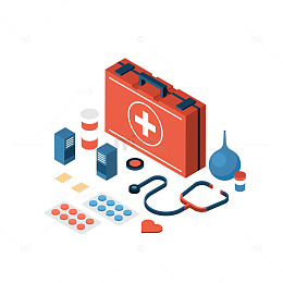 红色急救箱与医疗用品的集合