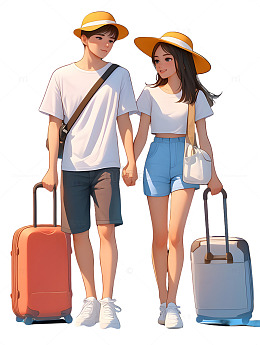 情侣带着行李箱去旅游