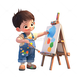 拿着画笔涂鸦的小男孩