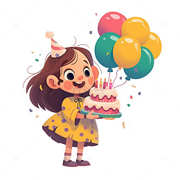 端着蛋糕拿着气球的小孩