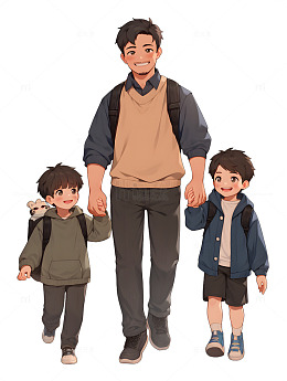 夫妻带着两个小孩学生开学