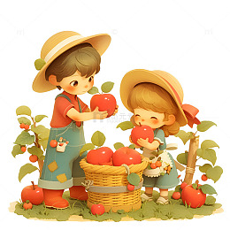 采摘苹果的小孩