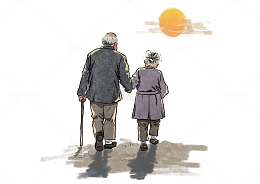 重阳节敬老老年人夕阳手绘国潮水墨国画